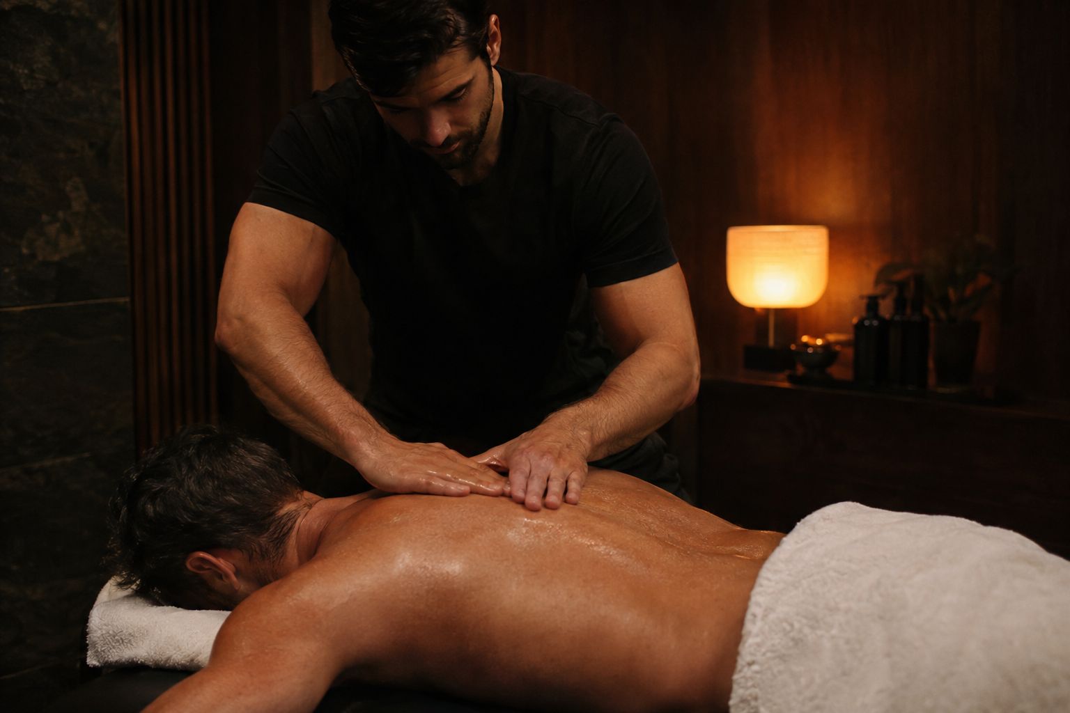Male therapist giving a back massage to a male client in a warm, dimly lit studio